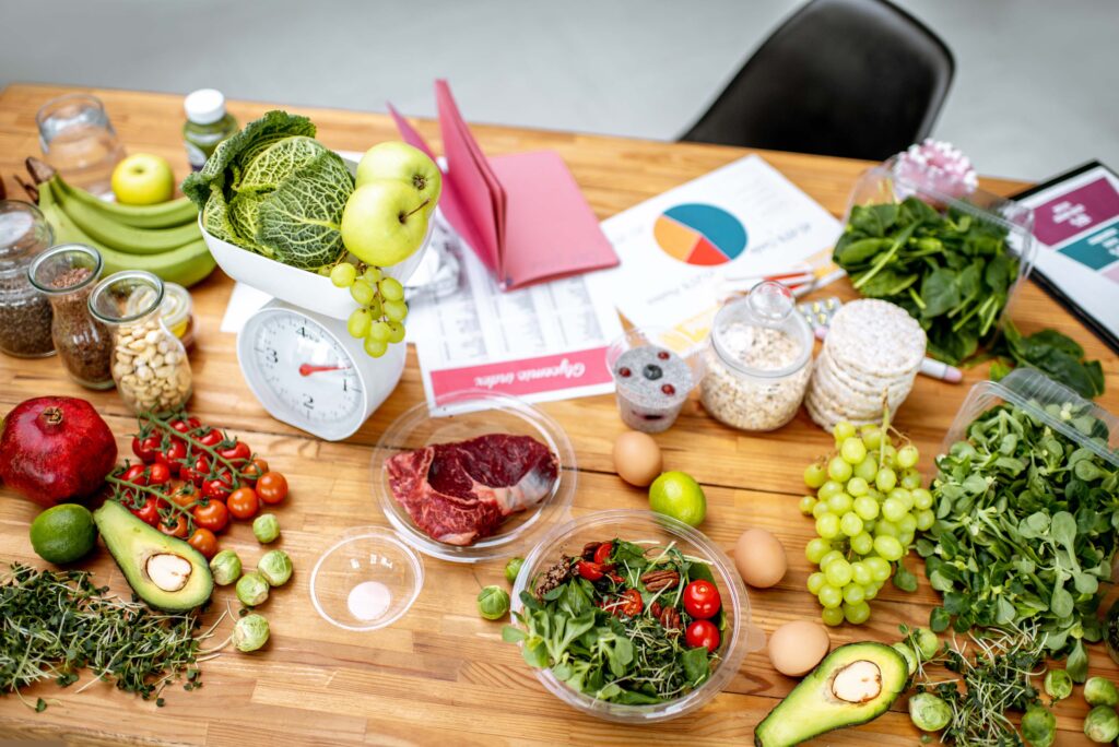 Nutritionists working place with healthy food